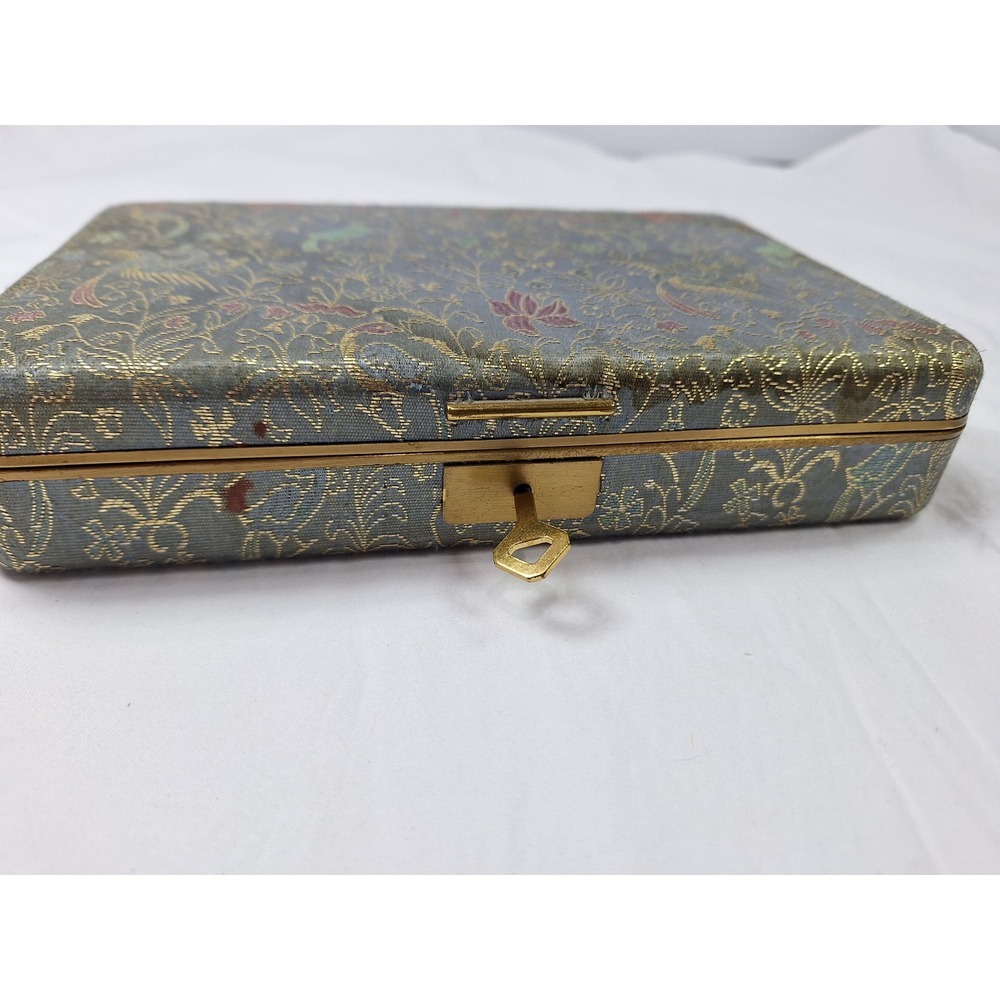 Vintage Blue Silk Brocade Jewelry Box Gold Floral Bird Pattern with Key - Picture 2 of 13
